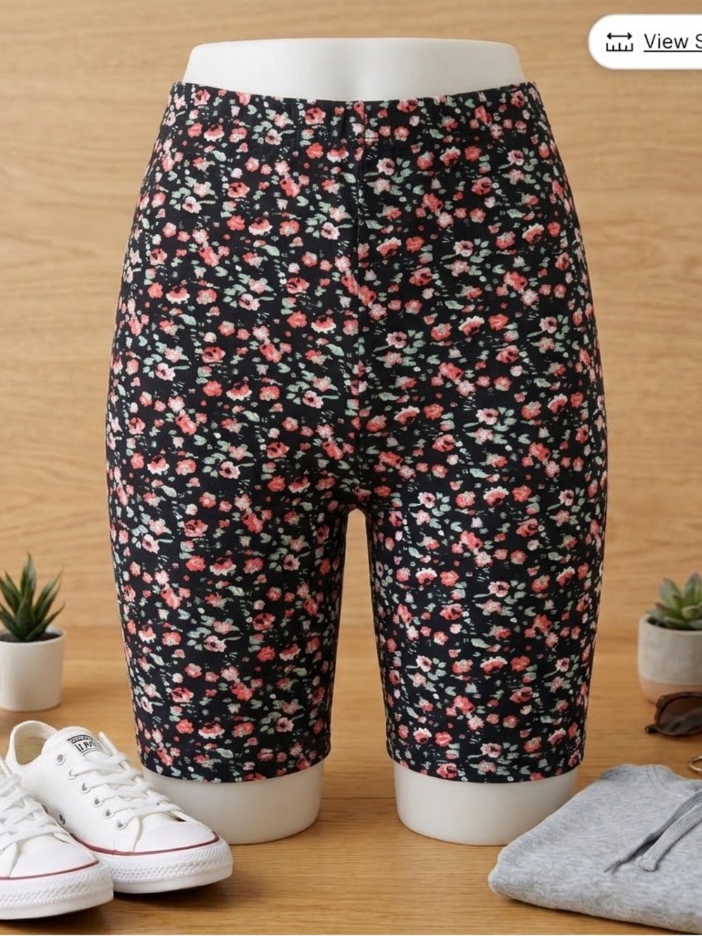Black Ditsy Floral Print elastic Biker Shorts or Stretch Activewear shorts - 056